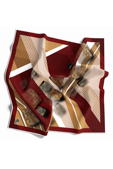 Twill Çizgili ve Geometrik Desenli Bordo Renkli 90x90 Eşarp (İpek İçermez) Kenar Dikiş Şekli El Dikişli ürün görseli 1