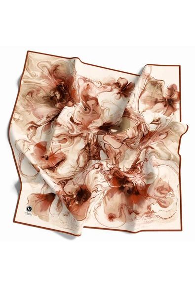 Twill Soyut Desenli Taba Renkli 90x90 Eşarp (İpek İçermez) Kenar Dikiş Şekli El Dikişli ürün görseli 1