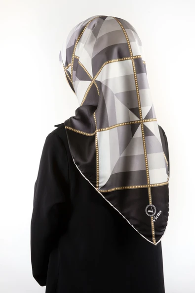 Twill Geometrik Desenli Siyah - Gri Renkli 90x90 Eşarp (İpek İçermez) Kenar Dikiş Şekli El Dikişli ürün görseli 1