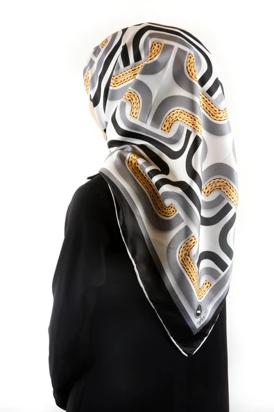 Twill Geometrik Zincir Desenli Gümüş Renkli 90x90 Eşarp (İpek İçermez) Kenar Dikiş Şekli El Dikişli ürün görseli 1