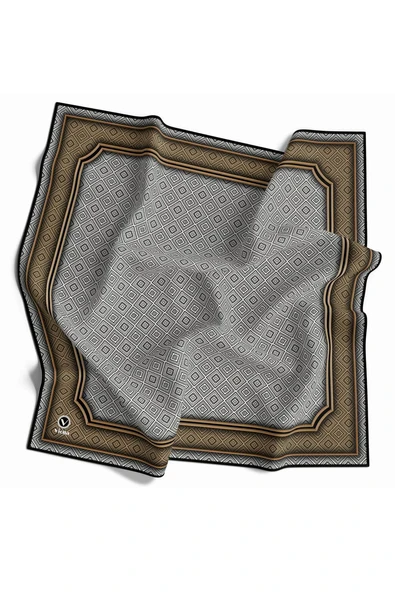 Twill Geometrik Çıtır Desenli Bej Renkli 90x90 Eşarp (İpek İçermez) Kenar Dikiş Şekli El Dikişli ürün görseli 1