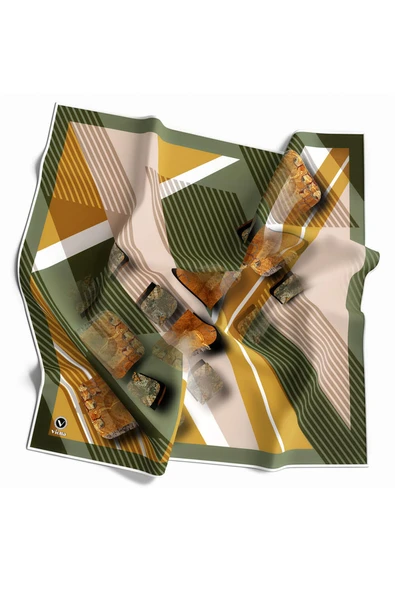 Twill Çizgili ve Geometrik Desenli Haki Renkli 90x90 Eşarp (İpek İçermez) Kenar Dikiş Şekli El Dikişli ürün görseli 1