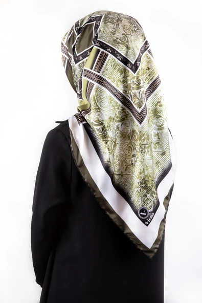 Twill Geometrik Desenli Haki Renkli 90x90 Eşarp (İpek İçermez) Kenar Dikiş Şekli El Dikişli ürün görseli 1