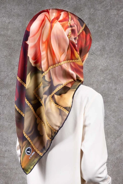 Twill Gül Desenli Bordo - Vizon Renkli 90x90 Eşarp (İpek İçermez) Kenar Dikiş Şekli El Dikişli ürün görseli 1