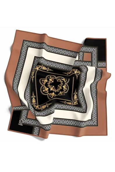 Twill Baroklu Bordür Desenli Somon Renkli 90x90 Eşarp (İpek İçermez) Kenar Dikiş Şekli El Dikişli ürün görseli 1
