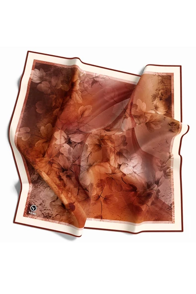 Kristal Batik Çiçek Desenli Taba Renkli 90x90 Eşarp (İpek İçermez) Kenar Dikiş Şekli El Dikişli ürün görseli 1