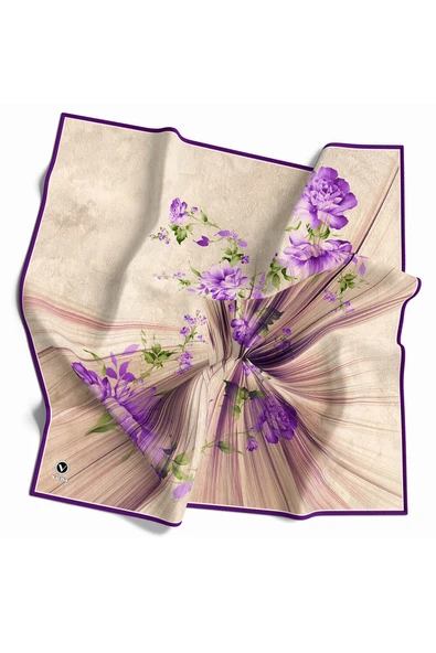 Twill Çiçekli Desenli Mor Renkli 90x90 Eşarp (İpek İçermez) Kenar Dikiş Şekli El Dikişli ürün görseli 1
