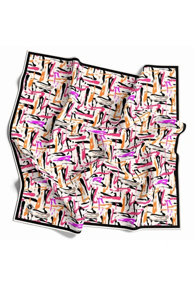 Twill Geometrik Desenli Pembe - Turuncu Renkli 90x90 Eşarp (İpek İçermez) Dikim Şekli : El Dikişi ürün görseli 1
