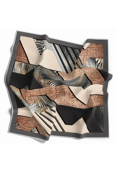 Twill Dalgalı Geometrik Desenli Gri Renkli 90x90 Eşarp (İpek İçermez) Kenar Dikiş Şekli El Dikişli ürün görseli 1