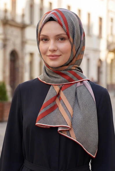 Twill Çizgili Pötikareli Çizgili Desenli Taba - Bej Renkli 90x90 Eşarp (İpek İçermez) ürün görseli 1