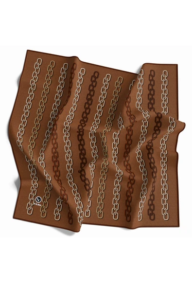 Twill Zincir Desenli Taba Renkli 90x90 Eşarp (İpek İçermez) Kenar Dikiş Şekli El Dikişli ürün görseli 1