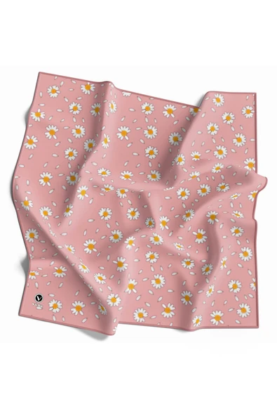 Twill Papatya Desenli Pudra Renkli 90x90 Eşarp (İpek İçermez) Kenar Dikiş Şekli El Dikişli ürün görseli 1