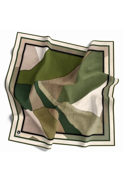 Twill Geometrik Desenli Haki Renkli 90x90 Eşarp (İpek İçermez) Kenar Dikiş Şekli El Dikişli ürün görseli 1