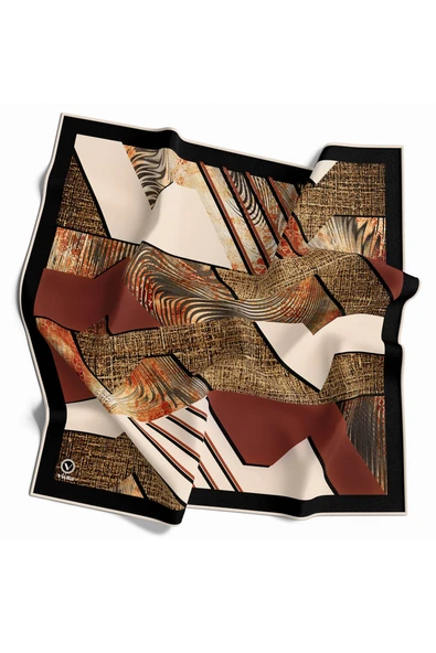 Twill Dalgalı Geometrik Desenli Taba Renkli 90x90 Eşarp (İpek İçermez) Kenar Dikiş Şekli El Dikişli ürün görseli 1