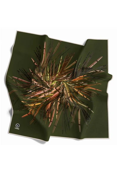Twill Havai Fişek Desenli Haki Renkli 90x90 Eşarp (İpek İçermez) Kenar Dikiş Şekli El Dikişli ürün görseli 1