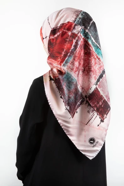 Twill Yamalı Ve Geometrik Desenli Pudra Renkli 90x90 Eşarp (İpek İçermez) Dikim Şekli : El Dikişi ürün görseli 1