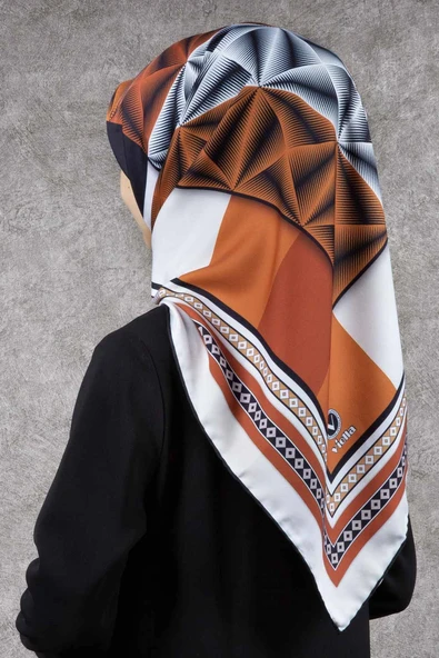 Twill Geometrik Desenli Taba - Krem Renkli 90x90 Eşarp (İpek İçermez) Kenar Dikiş Şekli El Dikişli ürün görseli 1