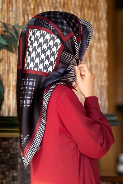 %100 Twill İpek Kazakayaklı Ve Ekose Desenli Gri - Kırmızı Renkli 90x90 Eşarp Dikim Şekli : El Dikişi ürün görseli 1