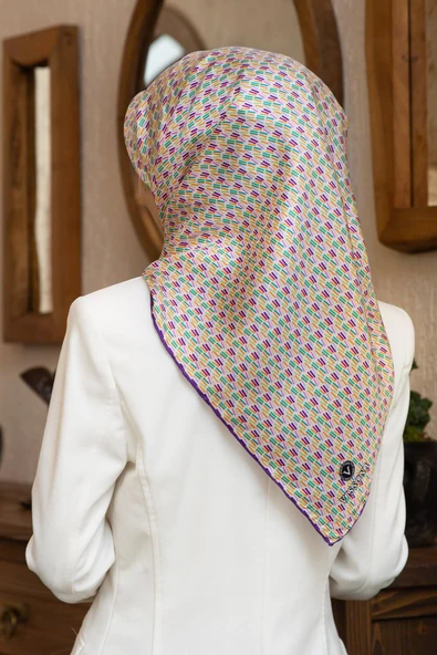 %100 Twill İpek Çizgi Desenli Mor Renkli 90x90 Eşarp Dikim Şekli : El Dikişi ürün görseli 1
