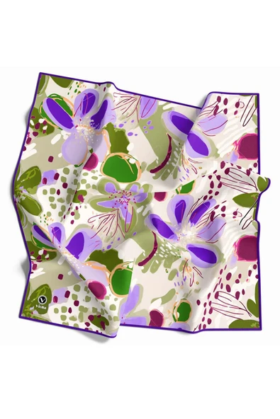 Twill Yumuşak Dokulu Çiçekli Batik Desenli Haki - Turuncu Renkli 90x90 Eşarp (İpek İçermez) Dikim Şekli : El Dikişi ürün görseli 1