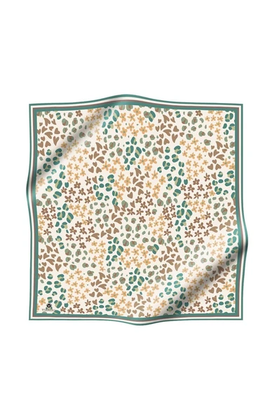 %100 Twill İpek Kalpli Leopar Desenli Zümrüt Yeşili - Vizon Renkli 90x90 Eşarp Dikim Şekli : El Dikişi ürün görseli 1