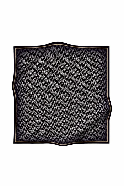 %100 Twill İpek File Desenli Siyah - Krem Renkli 90x90 Eşarp Dikim Şekli : El Dikişi ürün görseli 1