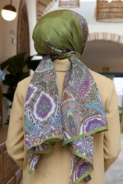 100% İpek Etro Desenli Haki Renkli 92x210 Şal ürün görseli 1