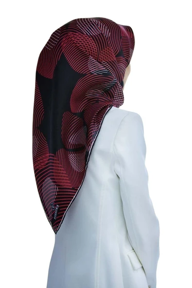 %100 Twill İpek Çizgili Çiçek Desenli Siyah - Bordo Renkli 90x90 Eşarp Dikim Şekli : El Dikişi ürün görseli 1