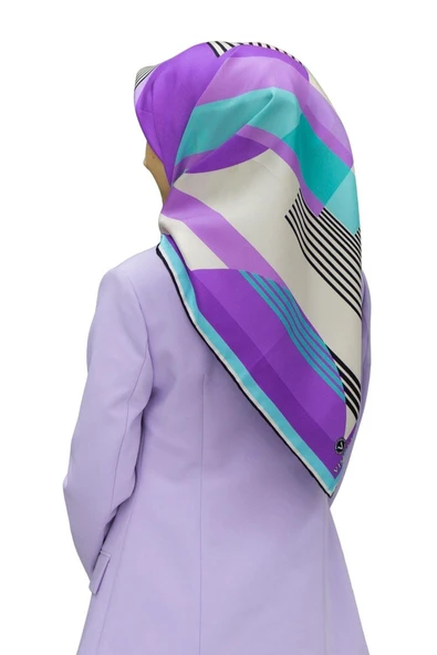 100% Twill İpek Geometrik Desenli Mint Yeşili - Lila Renkli 90x90 Dikim Şekli : El Dikişi Eşarp ürün görseli 1