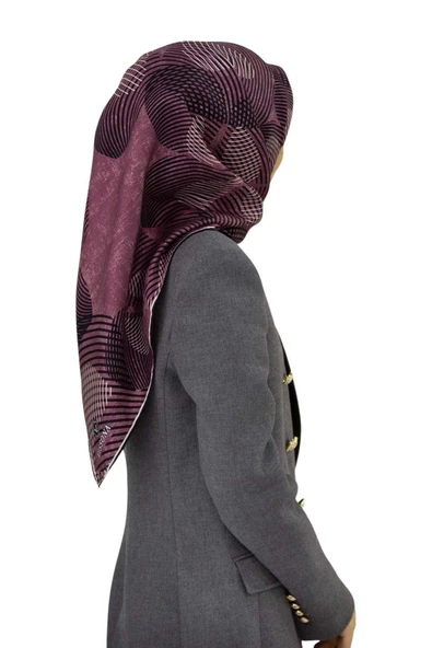 %100 Twill İpek Çizgili Çiçek Desenli Siyah - Gül Kurusu Renkli 90x90 Eşarp Dikim Şekli : El Dikişi ürün görseli 1
