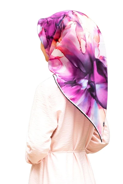 %100 Twill İpek Batik Çiçek Desenli Mürdüm - İndigol Renkli 90x90 Eşarp Kenar Dikiş Şekli El Dikişli ürün görseli 1