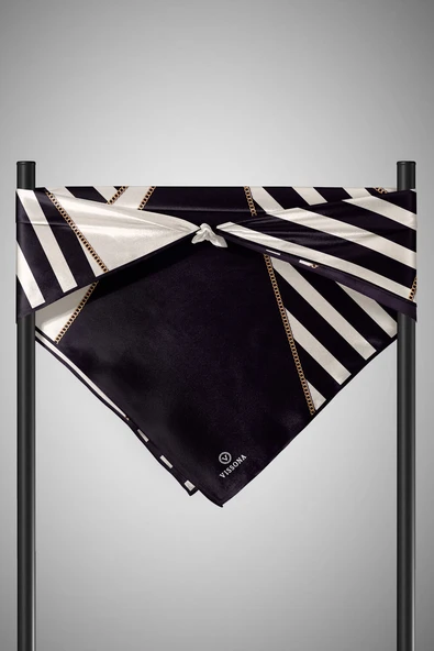 %100 Twill İpek Zincirli Çizgi Desenli Siyah - Krem Renkli 90x90 Eşarp Dikim Şekli : El Dikişi ürün görseli 1