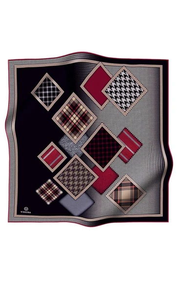 %100 Twill İpek Kazakayaklı Ve Ekose Desenli Siyah - Bordo Renkli 90x90 Eşarp Dikim Şekli : El Dikişi ürün görseli 1