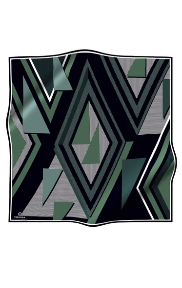 %100 Twill İpek Geometrik Desenli Zümrüt Yeşili - Siyah Renkli 90x90 Eşarp Dikim Şekli : El Dikişi ürün görseli 1