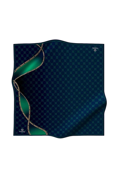 %100 Twill İpek Zincirli Ve Monogram Desenli Lacivert - Zümrüt Yeşili Renkli 90x90 Eşarp Dikim Şekli : El Dikişi ürün görseli 1