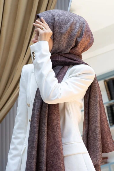 % 100 İpek Damask Desenli Bakır Renkli 90x210 Şal ürün görseli 1