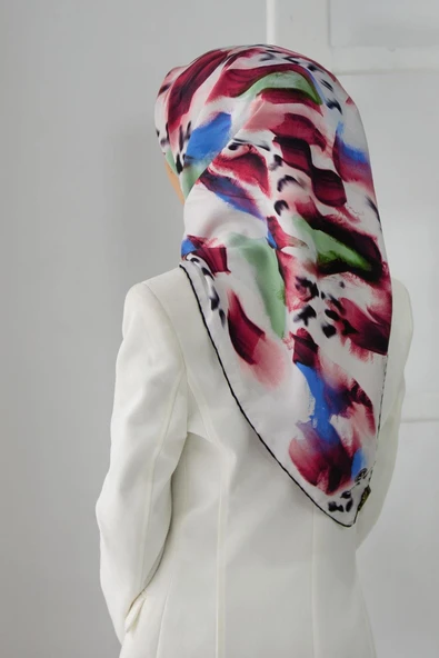 %100 Twill İpek Batik Desenli Bordo - Saks Renkli 90x90 Eşarp Dikim Şekli : El Dikişi ürün görseli 1