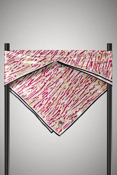 %100 Twill İpek Çizgi Desenli Krem - Bordo Renkli 90x90 Eşarp Dikim Şekli : El Dikişi ürün görseli 1