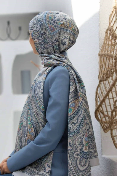 %100 İpek Etro Desenli Gri Renkli 92x210 Şal ürün görseli 1
