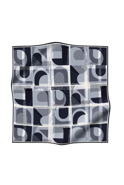 %100 Twill İpek Geometri Desenli Siyah-Krem Renkli 90x90 Eşarp Kenar Dikiş Şekli El Dikişli ürün görseli 1
