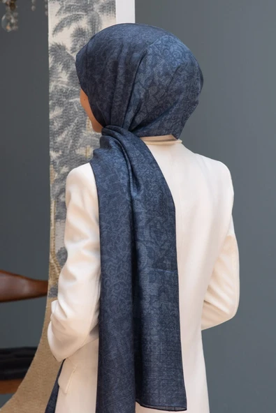 % 100 İpek Damask Desenli Lacivert - İndigo Renkli 90x210 Şal ürün görseli 1