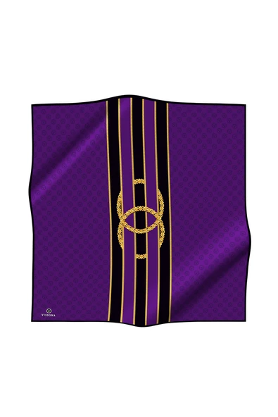 %100 Twill İpek Zincirli Ve Monogram Desenli Mor - Siyah Renkli 90x90 Eşarp Dikim Şekli : El Dikişi ürün görseli 1