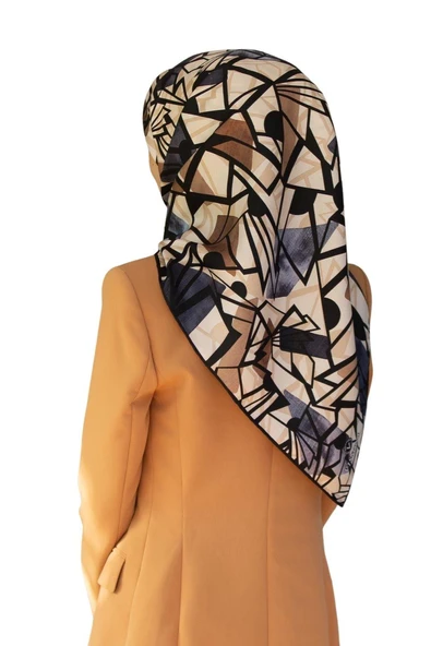 %100 Twill Renkli Petek Desenli Bej - Gri Renkli 90x90 Eşarp Dikim Şekli: El Dikişii ürün görseli 1