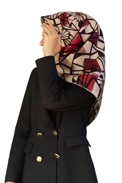 %100 Twill Renkli Petek Desenli Bej - Kırmızı Renkli 90x90 Eşarp Dikim Şekli: El Dikişii ürün görseli 1