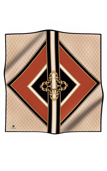 %100 Twill İpek Monogram ve Barok Desenli Krem - Taba Renkli 90x90 Eşarp Dikim Şekli : El Dikişi ürün görseli 1