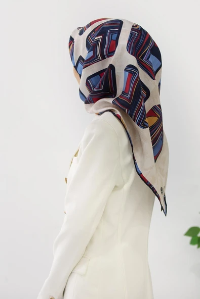 %100 Twill İpek Geometrik Kare Desenli Kırmızı - Lacivert Renkli 90x90 Eşarp Dikim Şekli : El Dikişi ürün görseli 1