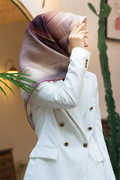 %100 Twill İpek Duman Desenli Hardal - Bordo Renkli 90x90 Eşarp Dikim Şekli : El Dikişi ürün görseli 1