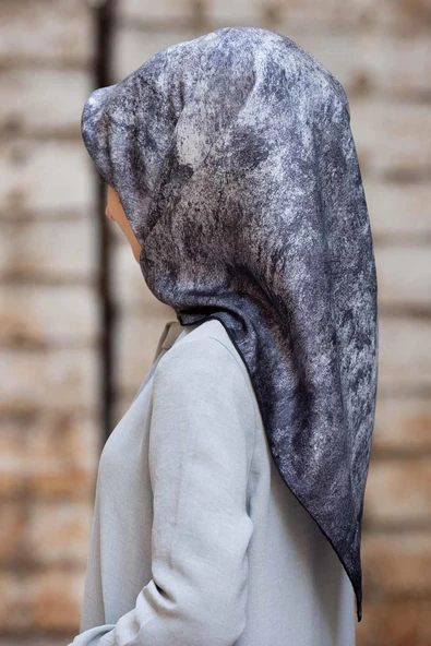 %100 Twill İpek Doku Desenli Gri - İndigo Renkli 90x90 Eşarp Dikim Şekli : El Dikişi ürün görseli 1