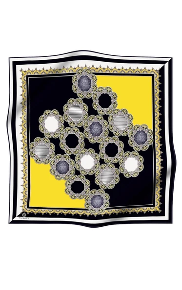 %100 Twill Türk Motifi  Desenli Siyah - Limon Sarısı Renkli 90x90 Eşarp Dikim Şekli: El Dikişi ürün görseli 1