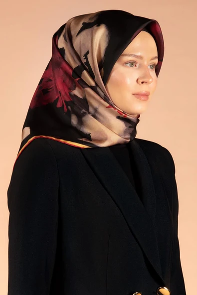 %100 Twill İpek Yaprak Desenli Siyah - Bordo Renkli 90x90 Eşarp Dikim Şekli : El Dikişi ürün görseli 1